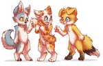 3_toes 4_fingers anthro black_nose blue_body blue_eyes blue_fur claws fangs featureless_crotch feet fingers fur group holding_tail inner_ear_fluff male nails open_mouth orange_body orange_fur pawpads paws pink_nose simple_background tail teeth toes tongue touching_tail trio tuft white_background white_body white_fur yellow_eyes young murzikteijiro canid canine canis domestic_cat domestic_dog felid feline felis mammal wolf 2020 absurd_res hi_res