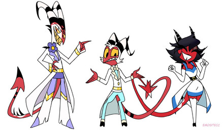 black_hair bow_tie eyelashes female flower_accessory freckled_face freckles glistening_eyelids group hair hooves horn long_eyelashes male red_body red_eyes red_skin sharp_teeth simple_background spade_tail standing tail teeth trio unguligrade white_hair yellow_eyes yellow_teeth emositecc hellaverse helluva_boss blitzo_(helluva_boss) millie_(helluva_boss) moxxie_(helluva_boss) demon demon_humanoid humanoid imp colored