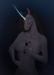 anthro blue_eyes bodily_fluids brown_hair dappled_fur female grey_body hair horn solo tears quillu mythology quillu_(character) equid equine mammal mythological_creature mythological_equine unicorn dark_theme hi_res portrait