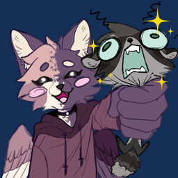 anthro blush blush_stickers bulging_eyes choker clothing duo eyebrows eyelashes eyes_closed facial_tuft fluffy fluffy_tail fur green_eyes grey_body grey_fur hoodie jewelry long_eyelashes male male/male multicolored_body multicolored_fur multicolored_hoodie necklace open_mouth pink_cheeks purple_body purple_clothing purple_fur purple_hoodie purple_topwear screaming sparkles tail topwear tuft wings resi jasper_(toasty_teddy) victor_(mrmoopne) calico_cat domestic_cat felid feline felis mammal procyonid raccoon 1:1 alpha_channel hi_res