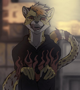 anthro blurred_background bottomwear clothing crossed_legs hoodie inner_ear_fluff looking_at_viewer male open_mouth pants sitting solo tongue tongue_out topwear tuft angiewolf felid leopard mammal pantherine 2022