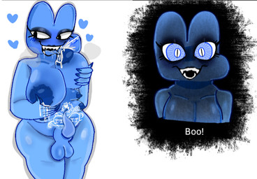 animal_genitalia balls bedroom_eyes big_breasts black_lipstick blue_body blue_eyes blue_heart blue_skin blue_tongue blush bodily_fluids breast_grab breasts breath cleavage clothed clothing creepy creepy_smile female forked_tongue genitals glowing glowing_tattoo gynomorph half-closed_eyes hand_on_breast heart_symbol intersex intersex/female intersex/intersex lactating lipstick looking_at_viewer looking_away makeup monster_girl_(genre) narrowed_eyes nude nude_female number panting penis_tentacles seductive sheath slightly_chubby slightly_chubby_female smile solo tattoo tentacles text tongue womb_tattoo tundrainy tundrathylacine tundratigerwolf battle_for_dream_island object_shows four_(bfb) algebralian humanoid monster unknown_species