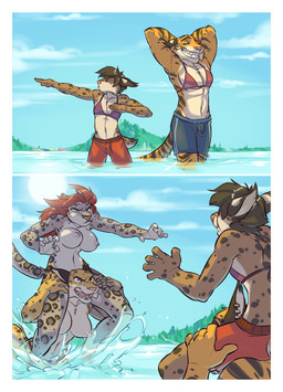 5_fingers angry anthro areola back-tie_bikini back-tie_clothing back-tie_swimwear bikini bikini_top blue_sky breasts carrying_another casual_exposure chicken_fight clothed clothing cloud crossdressing day fangs female fingers fur grey_body grey_fur group hair leg_grab looking_at_viewer male muscular nipples on_shoulders open_mouth orange_body orange_fur outside pink_areola pink_nipples pose prosthetic prosthetic_arm prosthetic_limb short_hair skimpy sky smile splash spots standing stripes sun swimming_trunks swimwear swimwear_swap teeth topless two-piece_swimsuit water zummeng felid feline lynx mammal pantherine tiger absurd_res comic hi_res