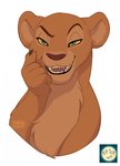 2020 disney felid female feral fur green_eyes hi_res lion mammal nala_(the_lion_king) pantherine sharp_teeth signature simple_background smile smirk solo teeth the_lion_king yurikoschneide