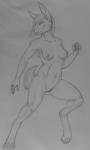 abs anthro areola biped breasts claws digitigrade female genitals hair nipples nude paws pussy raised_leg raised_tail simple_background smile solo spread_legs spreading standing tail thick_thighs nilla_(artist) lagomorph leporid mammal rabbit 2015 3:5 absurd_res hi_res monochrome sketch