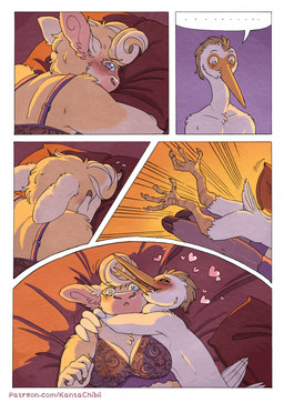 5_fingers anthro anthro_on_anthro bed bedroom blush bodily_fluids bottomless bottomless_anthro bottomless_female breasts butt clothed clothed/nude clothed_anthro clothed_female clothing cuddling duo embarrassed feathers female fingers fur furniture hooves hug humanoid_hands interspecies legwear lingerie male male/female nude nude_anthro nude_male on_bed speech_bubble stockings sweat tan_body tan_fur tears text white_body white_feathers kantachibli clover_(kantachibli) phillip_(kantachibli) avian bird bovid bovine cattle heron mammal pelecaniform comic hi_res url