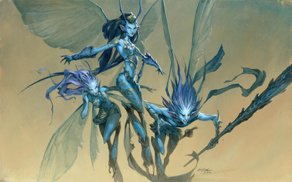 antennae_(anatomy) armor blue_body blue_hair bottomwear breasts clothing female flying group hair holding_object holding_staff humanoid_pointy_ears insect_wings male melee_weapon navel not_furry pointy_ears simple_background skirt smile staff sword weapon wings jesper_ejsing hasbro magic:_the_gathering wizards_of_the_coast endry_(magic:_the_gathering) iliona_(magic:_the_gathering) veesa_(magic:_the_gathering) fairy humanoid 2010 absurd_res hi_res official_art traditional_media_(artwork)