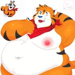 anthro belly big_belly black_stripes blue_nose kerchief male mascot neckerchief neckwear nipples one_eye_closed orange_body orange_tail overweight overweight_anthro overweight_male red_kerchief red_neckerchief red_tongue solo stripes tail tongue white_belly tigerluster frosted_flakes kellogg's tony_the_tiger felid mammal pantherine tiger absurd_res hi_res reference_image