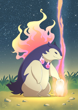 ambiguous_gender anthro bodily_fluids eyes_closed feral fire smile solo tears takataka nintendo pokemon pokemon_legends_arceus generation_8_pokemon ghost hisuian_form hisuian_typhlosion pokemon_(species) regional_form_(pokemon) spirit