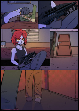 ammo_box anthro bed bedroom belt black_border border bottomwear breasts carpet clothed clothing denim denim_bottomwear denim_clothing door female footwear franchi_pa-3 fur furniture gloves_(marking) grey_body grey_ears grey_fur grey_hands gun hair hallway holding_gun holding_object holding_ranged_weapon holding_weapon imminent_fight inside jeans markings pants ranged_weapon red_hair reloading sawed-off_shotgun shell_(projectile) shirt shoes short_hair shotgun shotgun_shell shutters solo tail tank_top topwear weapon white_body white_fur kosatich fabbrica_d'armi_pietro_beretta franchi_s.p.a. elisa_(kosatich) lagomorph leporid mammal rabbit unknown_species 2024 comic digital_media_(artwork) halftone hi_res multiple_scenes