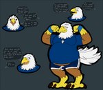 5_fingers anthro athletic_wear avian_feet beak bedroom_eyes belly big_belly biped black_claws black_eyebrows blue_bottomwear blue_clothing blue_shirt blue_shorts blue_topwear bottomwear brown_body brown_eyes brown_feathers claws clothing dialogue digitigrade eyebrows feathers feet finger_claws fingers flexing front_view grey_background gym_bottomwear gym_shirt gym_shorts gym_topwear looking_at_viewer male moobs multicolored_body multicolored_feathers multiple_angles narrowed_eyes obese obese_anthro obese_male offscreen_character open_beak open_mouth open_smile overweight overweight_anthro overweight_male pink_tongue scuted_arms scutes seductive shirt shorts side_view simple_background smile smiling_at_viewer smirk smug solo speech_bubble tail tail_feathers talons text thick_thighs three-quarter_view toe_claws toes tongue topwear two_tone_body two_tone_feathers whistle_(object) white_body white_feathers white_tail wide_hips yellow_beak cheddarcheesebiscuits louie_swanson accipitrid accipitriform avian bald_eagle bird eagle sea_eagle 2016 digital_media_(artwork) english_text flat_colors full-length_portrait model_sheet multiple_images portrait story story_in_description