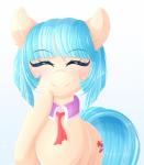 blue_hair cutie_mark eyes_closed female feral hair short_hair simple_background smile solo fluffymaiden friendship_is_magic hasbro my_little_pony coco_pommel_(mlp) earth_pony equid equine horse mammal pony 2016 absurd_res hi_res