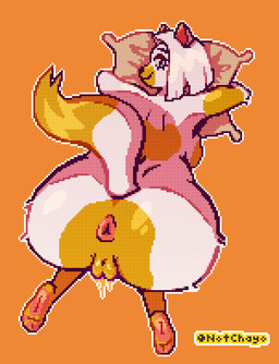 all_fours anthro anus ass_up barefoot big_butt blue_eyes bodily_fluids breasts butt butt_focus feet female fur genital_fluids genitals high-angle_view holding_object in_heat kneeling looking_back nude orange_background pillow raised_tail side_boob simple_background solo tail vaginal_fluids vulva white_body white_fur yellow_body yellow_fur notchayo adventure_time cartoon_network fionna_and_cake fionna_and_cake_(franchise) cake_the_cat domestic_cat felid feline felis mammal digital_media_(artwork) hi_res pixel_(artwork)