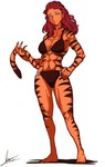 athletic bikini breasts clothed clothing female green_eyes hair holding_tail red_hair solo stripes swimwear tail two-piece_swimsuit unknown_artist unknown_artist_signature marvel tigra animal_humanoid felid felid_humanoid humanoid mammal mammal_humanoid pantherine pantherine_humanoid tiger_humanoid hi_res signature