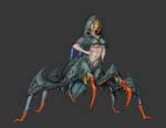 4_eyes arthropod_abdomen big_breasts blonde_eyelashes blonde_hair blue_eyes blue_sclera breasts eyelashes female grey_background grey_body hair hand_on_hip hood looking_at_viewer multi_eye navel open_mouth orange_body pale_skin simple_background solo spikes spikes_(anatomy) under_boob enzea capcom monster_hunter arachnid arachnid_taur arthropod arthropod_taur humanoid nerscylla taur absurd_res hi_res