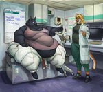 anthro barefoot belly big_belly black_body black_fur blonde_hair bottomwear clothing coat computer doctor duo electronics fat_rolls feet female footwear fur furniture hair holding_object hospital inside lab_coat medical_examination medical_instrument monitor morbidly_obese morbidly_obese_anthro morbidly_obese_female name_tag obese obese_anthro obese_female on_table orange_body orange_fur overweight overweight_anthro overweight_female pants patient science_fiction scientific_instrument shirt shoes sitting standing table tank_top thick_thighs topwear whiteboard cettus cassie_evans sarka_svobodova cougar domestic_cat felid feline felis mammal 2021 hi_res