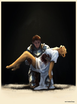 anthro armor blood bodily_fluids breasts carrying_another carrying_partner clothed clothing death dramatic_lighting dramatic_pose dress duo female fur holding_another jewelry male necklace open_mouth sad simple_background topwear white_body white_fur alytarch bethesda_game_studios microsoft the_elder_scrolls felid human khajiit lion mammal pantherine 2025 absurd_res digital_drawing_(artwork) digital_media_(artwork) digital_painting_(artwork) hi_res painting_(artwork)