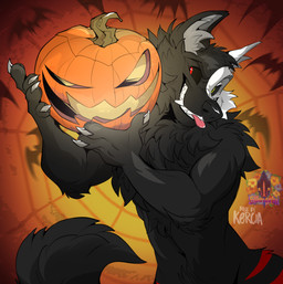 anthro black_body black_fur claws evil_grin fur holidays jack-o'-lantern male red_stripes simple_background smile solo spider_web stripes teeth tongue tongue_out white_body white_fur kercia halloween azki_(azki_wolf) bat canid canine canis mammal wolf hi_res