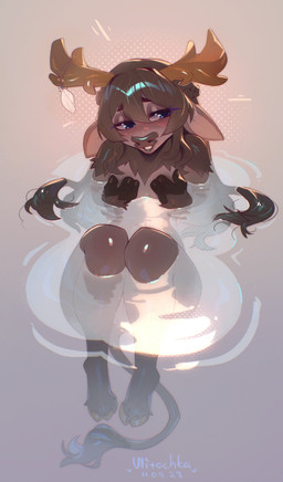 anthro antlers bashful bathing blue_eyes blush breasts brown_body brown_fur brown_hair covering covering_breasts covering_self ears_down embarrassed female floating fur hair hooves horn long_hair nude partially_submerged pivoted_ears small_breasts small_waist solo swimming tail thick_thighs ulitochka blizzard_entertainment warcraft kyria_wildmane bovid bovine mammal tauren 2023 absurd_res hi_res