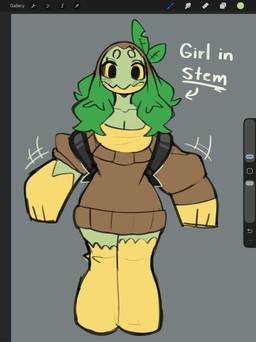 anthro art_program_in_frame backpack clothing female gesture green_body leaf solo standing sweater text topwear waving egobitz nintendo pokemon veevee_(egobitz) generation_4_pokemon pokemon_(species) reptile scalie turtle turtwig absurd_res english_text hi_res sketch