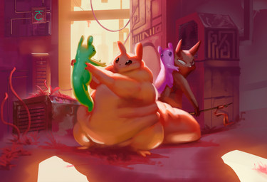 1_eye ambiguous_gender anthro belly big_belly big_tail black_eyes burn_scar carrying_another dewlap_(anatomy) explosive_spear explosives facial_scar female glistening glistening_body green_body group holding_another holding_child holding_object holding_weapon huge_belly improvised_weapon looking_at_another melee_weapon missing_eye obese orange_body overweight overweight_ambiguous overweight_anthro piggyback pink_body polearm rebar red_body scar spear tail weapon white_eyes citrusslugcat rain_world videocult artificer_(rain_world) gourmand_(rain_world) slugcat slugpup_(rainworld)