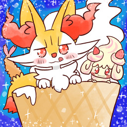 :3 ambiguous_anthro ambiguous_gender anthro biped closed_smile dessert dipstick_tail duo food ice_cream ice_cream_cone licking licking_lips markings micro mouth_closed object_in_tail shrimp_(food) smile sparkles tail tail_markings tongue tongue_out annyui0611 nintendo pokemon alcremie animate_inanimate braixen canid generation_6_pokemon generation_8_pokemon mammal pokemon_(species) strawberry_sweet_alcremie vanilla_cream_alcremie 1:1 2022 digital_drawing_(artwork) digital_media_(artwork) hi_res japanese_description translated_description