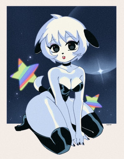anthro arms_in_front black_ears black_eyes black_outfit breasts choker clothing female fur glistening jewelry knee_highs kneeling legwear leotard looking_at_viewer luscious_lips medium_breasts necklace rainbow_star sky solo star starry_sky thick_thighs white_body white_fur wide_hips nupi nopy_(nupi) canid canine mammal