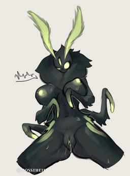 antennae_(anatomy) anthro black_body black_fur bodily_fluids breast_squish breasts dripping_vulva exposed_breasts female fur genital_fluids genitals glowing glowing_eyes glowing_genitalia glowing_markings glowing_nipples glowing_vulva green_antennae green_eyes green_markings green_nipples green_vulva hip_tuft long_antennae markings masturbation multi_arm multi_eye multi_limb neck_tuft nipple_piercing nipples non-mammal_nipples piercing solo squish sweat tuft vaginal_fluids vulva mosstheif keza_(mosstheif) arthropod humanoid insect lepidopteran moth absurd_res hi_res