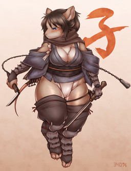 3_toes 4_fingers anthro armor armwear asian_clothing big_breasts biped black_clothing black_legwear black_thigh_highs blue_eyes blush boots breasts brown_hair brown_scarf camel_toe chest_tuft cjk_character claws cleavage clothed clothing countershade_face countershade_fur countershade_legs countershade_torso countershading curvy_figure detached_sleeves digitigrade east_asian_clothing eye_markings eyelashes feet female fingers footwear front_view fundoshi fur glistening glistening_body glistening_breasts glistening_fur greaves hair holding_melee_weapon holding_object holding_sword holding_weapon humanoid_hands inner_ear_fluff japanese_clothing kemono kusarigama legwear looking_aside markings melee_weapon monotone_hair monotone_tail mouthless multicolored_body multicolored_fur ninja obi pink_claws pink_inner_ear pink_tail ponytail scarf shoes shortstack shortstack_female simple_background skindentation snout solo standing sword tail tan_body tan_ears tan_fur text thick_thighs thigh_highs thigh_strap thin_tail toe_claws toeless_legwear toes tuft two_tone_body two_tone_fur underwear vambrace warrior weapon white_background white_body white_clothing white_countershading white_fundoshi white_fur white_inner_ear_fluff white_underwear wide_hips yukata 340m/sec mammal murid murine rat rodent 2020 absurd_res colored digital_media_(artwork) full-length_portrait hi_res portrait shaded signature translated