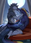 anthro clothed clothing duo eyes_closed fur hand_on_butt hug kissing light male male/male moon moonlight multicolored_body multicolored_fur muscular muscular_male night on_lap partially_clothed raining romantic romantic_couple sitting sitting_on_lap tail underwear zephyxus mythology teryx favonius teryx_commodore canid canine canis dragon mammal mythological_creature mythological_scalie scalie wolf hi_res