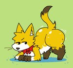 ambiguous_gender ass_up big_butt brown_body brown_fur butt feral fur grass looking_at_viewer multicolored_body multicolored_fur plant presenting presenting_hindquarters seductive solo tail tongue tongue_out whiskers white_body white_fur yellow_body yellow_fur pawplants butterscotch_(pawplants) canid canine fox mammal 2022 digital_media_(artwork) hi_res