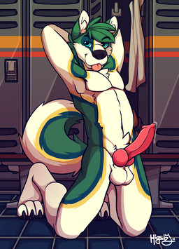 3_toes animal_genitalia animal_penis anthro balls biped black_nose blue_body blue_eyes blue_fur bodily_fluids bottomless canine_genitalia canine_penis chest_tuft claws clothed clothing detailed_background erection feet fluffy fluffy_tail fur genital_fluids genitals green_body green_fur green_hair hair half-closed_eyes hands_behind_head inner_ear_fluff kneeling knot locker locker_room looking_at_viewer male multicolored_body multicolored_fur narrowed_eyes naughty_face nude on_ground penis pose precum presenting presenting_penis solo tail toe_claws toes tongue tongue_out tuft white_balls white_body white_fur yellow_body yellow_fur higsby nekohaiku canid canine canis domestic_dog husky mammal nordic_sled_dog spitz 2015 hi_res