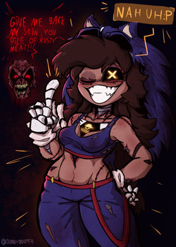 4_hands angry anthro arm_tattoo belly big_breasts black_body black_hair black_sclera blood blue_body blue_bottomwear blue_clothing blue_fur blue_topwear blush bodily_fluids bottomwear breasts brown_body brown_hair brown_skin clothing corpse cosplay crop_top cropped_tank_top crossover_cosplay crossover_ship disguise duo emphasis_lines eyeshadow fangs female freckled_breasts freckled_face freckled_shoulders freckles fur gloves glowing glowing_eyes gore grey_body hair hand_on_hip handwear lines_on_body looking_at_viewer machine makeup male metal metallic_body multi_hand navel nightmare_fuel number one_eye_closed open_mouth open_smile pants raised_finger red_eyes scar scars_all_over screen screen_face seam_(sewing) segmented_body sharp_teeth shirt simple_background skinned skinsuit smile smug smug_face smug_grin stitch_(sewing) surgical_suture tank_top tattoo teeth text thick_thighs tight_clothing topwear upset white_body wide_hips wink winking_at_viewer x_eyes yelling yellow_eyes diddlydooter1 glitch_productions murder_drones sega sonic.exe_(creepypasta) sonic_the_hedgehog_(series) cyn_(murder_drones) sonic.exe tessa_(murder_drones) eldritch_abomination eulipotyphlan hedgehog human humanoid mammal patchwork_creature robot robot_humanoid undead worker_drone zombie artist_name crossover digital_drawing_(artwork) digital_media_(artwork) english_text hi_res signature