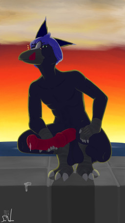 3_toes 5_fingers animal_genitalia animal_penis anthro balls big_balls big_penis black_feet blue_body blue_hair bodily_fluids claws crouching dripping equine_genitalia equine_penis erection feet fingers genital_fluids genitals hair huge_penis licking licking_lips licking_own_lips looking_at_viewer male mismatched_animal_penis mismatched_genitalia mismatched_penis one_eye_closed outside penis precum precum_drip precum_on_ground red_penis saggy_balls self_lick solo sunset toes tongue tongue_out white_claws wink skye_wilson skye_wilson_(character) avian bird corvid oscine passerine 2019 9:16 digital_media_(artwork) digital_painting_(artwork) hi_res painting_(artwork)