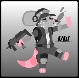 ambiguous_gender anthro backpack bandage belt bottomwear cigarette cigarette_in_mouth clothing electronics eyes_closed fangs feet fur gesture grey_body grey_skin gun hand_gesture hat headgear headphones headset headwear holding_object holding_weapon knee_pads markings multicolored_body multicolored_fur object_in_mouth pants pink_feet pink_paws pink_tail ranged_weapon sharp_teeth shirt simple_background single_fang smile smoking smoking_cigarette solo striped_markings striped_tail stripes submachine_gun tactical_gear tail tail_markings teeth text topwear two_tone_body two_tone_fur uzi v_sign vest weapon whiskers neverd atlyss madness_combat deimos_(madness_combat) chang_(atlyss) mammal mouse murid murine rodent nose crossover digital_media_(artwork) signature tagme