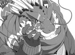 anthro beard facial_hair fangs horn male mature_male one_eye_closed scar scarf solo teeth wink hijirinoyuta lifewonders tokyo_afterschool_summoners itzamna_(tas) iguana iguanid lizard reptile scalie 2022 monochrome