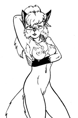 anthro barely_visible_genitalia barely_visible_vulva breasts eyewear female fur genitals gloves_(marking) goggles hair looking_at_viewer markings navel nipples nude nude_anthro nude_female solo tail vulva style_wager dela_the_hooda melody_aldershaw canid canine fox hooda mammal black_and_white hi_res monochrome
