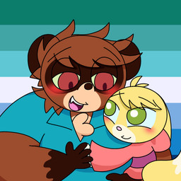 ambiguous_gender anthro asian_clothing blue_clothing blue_sclera blue_shirt blue_topwear blush brown_body brown_fur brown_nose chest_tuft closed_smile clothed clothing dipstick_tail duo east_asian_clothing eye_contact facial_markings fangs fur gloves_(marking) green_eyes green_sclera head_markings japanese_clothing kimono lgbt_pride looking_at_another male male_anthro markings mask_(marking) mouth_closed obi open_mouth open_smile overweight overweight_anthro overweight_male pink_clothing pink_kimono pink_nose pride_color_background pride_colors purple_clothing purple_obi red_eyes round_head shirt simple_background size_difference smile tail tail_markings teeth toony topwear tuft vincian_pride_colors white_tail_tip yellow_body yellow_fur young young_ambiguous young_anthro coffeeco conditional_dnp pompo yume_(coffeeco) canid canine fox mammal raccoon_dog tanuki 1:1 2026 cel_shading digital_drawing_(artwork) digital_media_(artwork) icon shaded male_(lore) stepfather_(lore) stepfather_and_stepchild_(lore) stepparent_(lore) stepparent_and_stepchild_(lore)