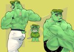 anthro bottomwear clothing fur green_body green_eyes green_fur hat headgear headwear knife male muscular muscular_anthro muscular_male pants pink_nose sharp_teeth simple_background solo teeth makota_toh miauarf happy_tree_friends flippy_(htf) fliqpy_(htf) bear mammal 2023 absurd_res hi_res