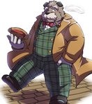 anthro blush bottomwear bow_tie brown_body brown_fur clothing fur hat headgear headwear humanoid_hands kemono male one_eye_closed overweight overweight_anthro overweight_male pants shirt smoking solo topwear wink emufu canid canine canis domestic_dog mammal 2017 hi_res