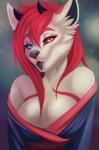 2018 anthro black_nose black_tongue breasts canid canine cleavage clothed clothing digital_media_(artwork) female fur hair heterochromia horn hybrid looking_at_viewer mammal pink_hair smile solo tongue whiteabigail white_body white_fur