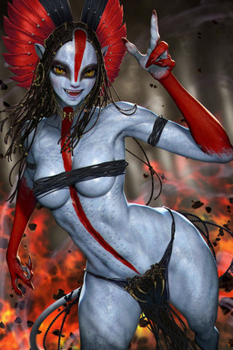4_fingers anthro armband athletic athletic_female black_hair blue_body bodypaint bottomwear breasts clothed clothing ear_piercing female fingers hair headgear headwear humanoid_pointy_ears long_hair medium_breasts not_furry piercing pointy_ears skimpy solo teeth text thick_thighs tongue topwear wide_hips yellow_eyes neoartcore james_cameron's_avatar patreon varang_(james_cameron's_avatar) alien alien_humanoid humanoid na'vi artist_name hi_res watermark