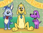 anthro baby balls birthday blue_body blue_fur blush collar embarrassed fur genitals group kerchief looking_at_viewer magenta_fur male necktie penis sitting small_penis spread_legs spreading standing text trio yellow_body yellow_fur young young_anthro nishi_oxnard go_dog_go!_(series) gilber_barker scooch_pooch yip_barker bird_dog canid canine canis domestic_dog hunting_dog mammal terrier english_text