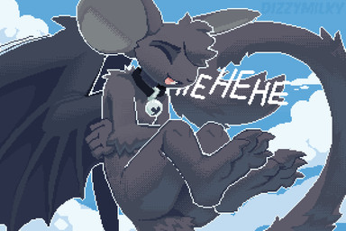 ambiguous_gender anthro bell bell_collar big_ears black_body black_fur collar collar_only dragon_wings eyes_closed feet floating fur laugh long_tail nude open_mouth sky solo tail wings dizzymilky hybrid mammal mouse murid murine rodent 3:2 digital_media_(artwork) pixel_(artwork)