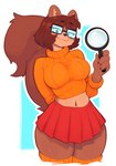 4_fingers alternate_species anthro big_breasts bottomwear breasts brown_hair clothed clothing cropped_sweater eyebrow_through_hair eyebrows eyewear female fingers fully_clothed furrification glasses hair hand_behind_back holding_object inner_ear_fluff legwear looking_at_viewer magnifying_glass midriff navel orange_clothing orange_legwear orange_sweater orange_topwear rectangular_glasses red_bottomwear red_clothing red_skirt short_hair simple_background skirt smile smiling_at_viewer solo sweater tail topwear translucent translucent_hair tuft wearing_glasses ttothep_arts hanna-barbera scooby-doo_(series) velma_dinkley mammal rodent sciurid tree_squirrel 2023 comment_chain hi_res