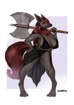 anthro axe battle_axe big_breasts black_body breasts cleavage clothed clothing female hair holding_axe holding_object melee_weapon panties red_hair solo tail translucent translucent_clothing underwear weapon goldmikun claire_(third_knight) canid canine mammal absurd_res hi_res