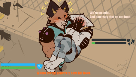 anthro barazoku blush carrying_another clothed clothing dialogue duo feet fur gameplay_mechanics male male/male muscular muscular_anthro muscular_male orange_body orange_fur spikes white_body white_fur pinumontbalou epic_games fortnite fennix_(fortnite) volpez_(fortnite) arctic_fox canid canine canis fox mammal red_fox true_fox hi_res brother_(lore) brothers_(lore) incest_(lore) sibling_(lore)