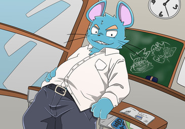 anthro biped blue_body bottomwear chalkboard clothing kemono male pants school shirt solo topwear letter_route mammal mouse murid murine rodent 2025 hi_res