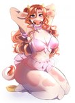 anthro big_breasts breasts cleavage clothed clothing female female_anthro hooves horn kneeling lingerie navel pink_clothing pink_lingerie simple_background skimpy smile solo tail tail_tuft tuft white_background ferwanwan bovid bovine cattle mammal 2022 hi_res pink_theme shaded watermark