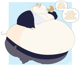 anthro belly big_belly big_breasts big_butt blonde_hair bottomwear breasts butt clothing collared_shirt double_chin dress_shirt eating eyewear fat_neck female food fur glasses hair huge_belly huge_butt huge_thighs hyper hyper_belly jacket leggings legwear morbidly_obese morbidly_obese_anthro morbidly_obese_female multicolored_body multicolored_fur obese obese_anthro obese_female open_mouth overweight overweight_anthro overweight_female shirt skirt solo speech_bubble tan_body tan_fur text thick_thighs topwear two_tone_body two_tone_fur weight_gain jangleforks hitoner miss_tonerico domestic_cat felid feline felis mammal 2026 absurd_res digital_media_(artwork) english_text hi_res